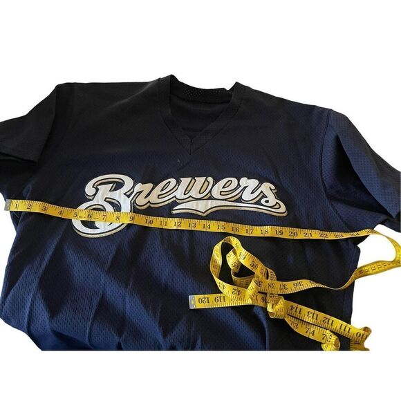 Majestic MLB Mens Blue Milwaukee Brewers Baseball Mesh Jersey Pullover Size 46 - Picture 3 of 9